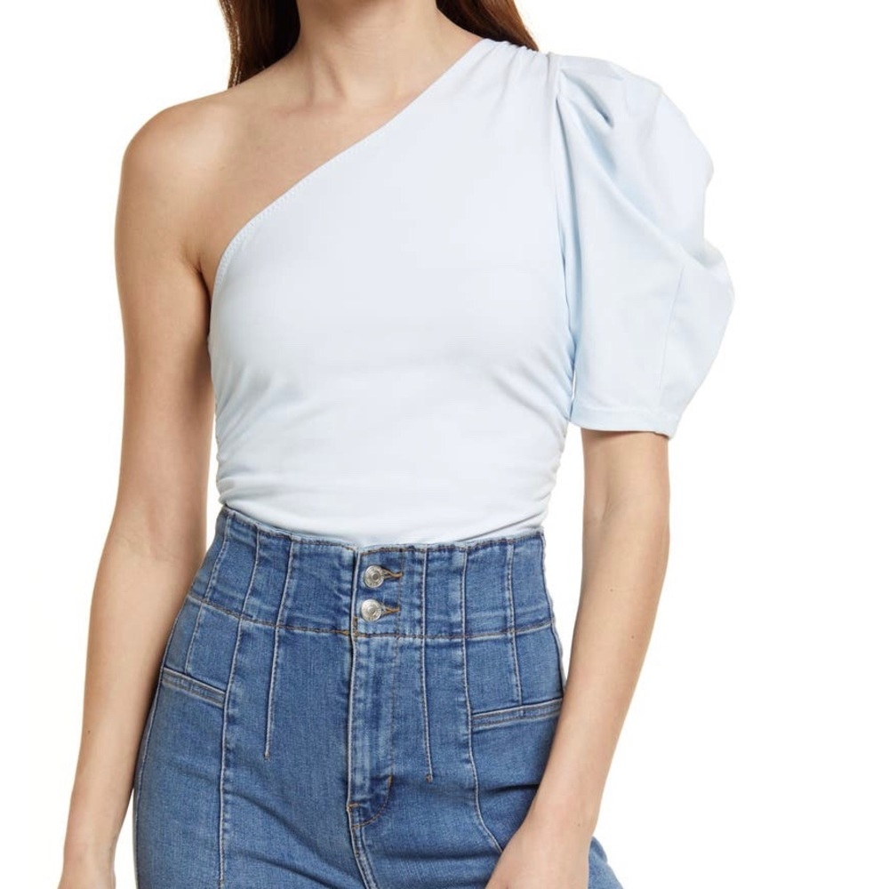 Free People Light Blue One-Shoulder Bodysuit